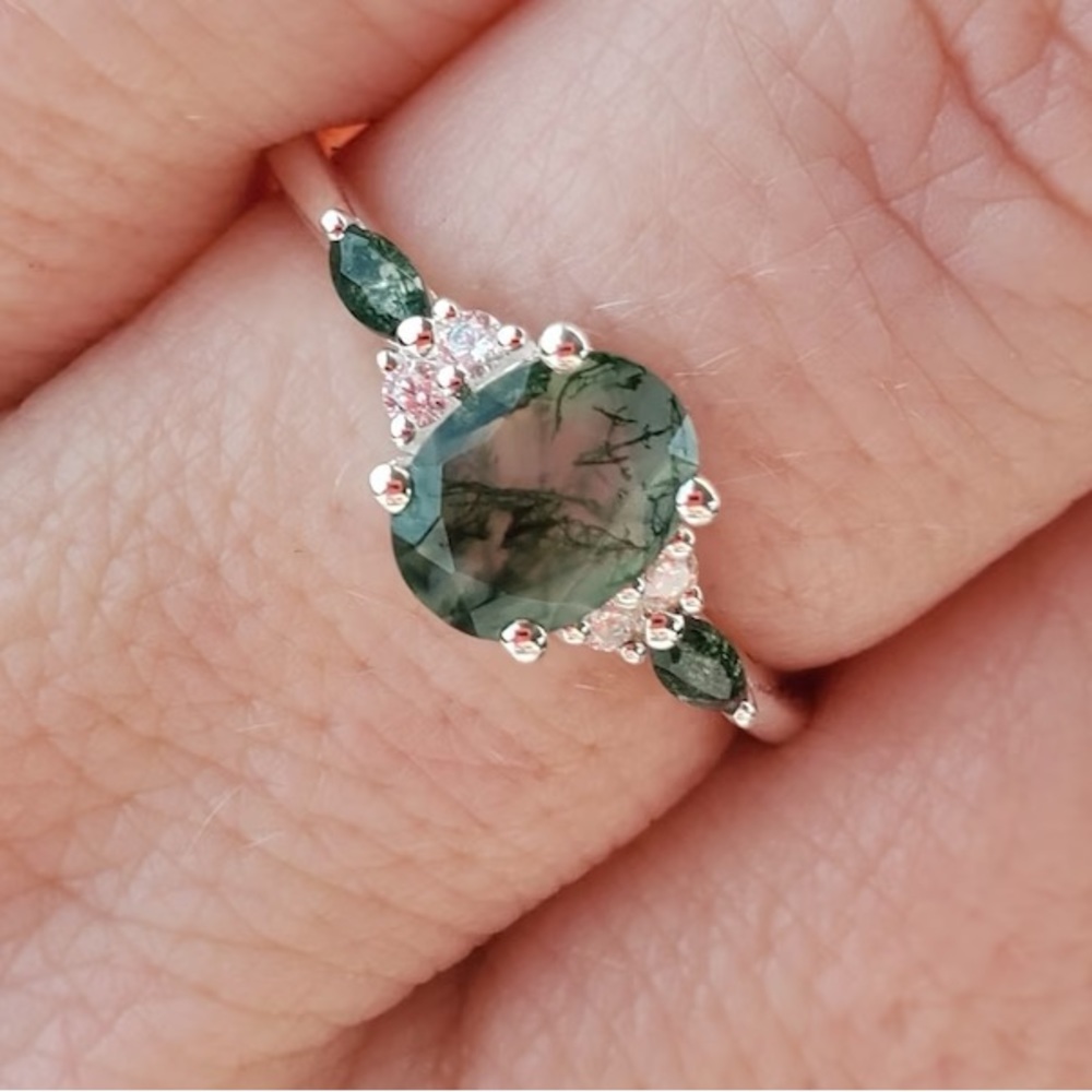 Solid 10k White Gold Moss Agate + Marquise Moissanite Diamond Ring